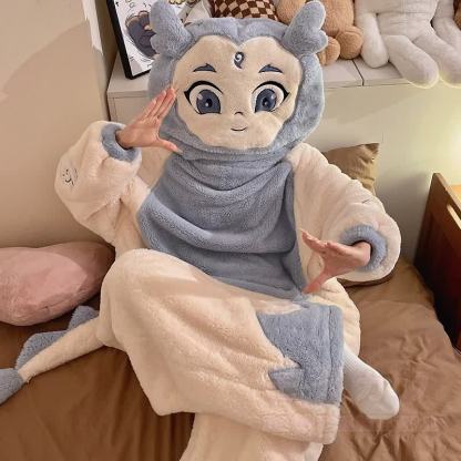 Lustiger Farben abgesetzter Plüsch-Kapuzen-Einteiler-Schlafanzug - image 1