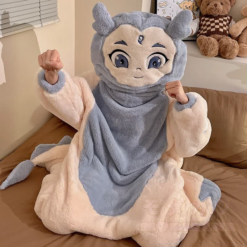 Lustiger Farben abgesetzter Plüsch-Kapuzen-Einteiler-Schlafanzug - image 5