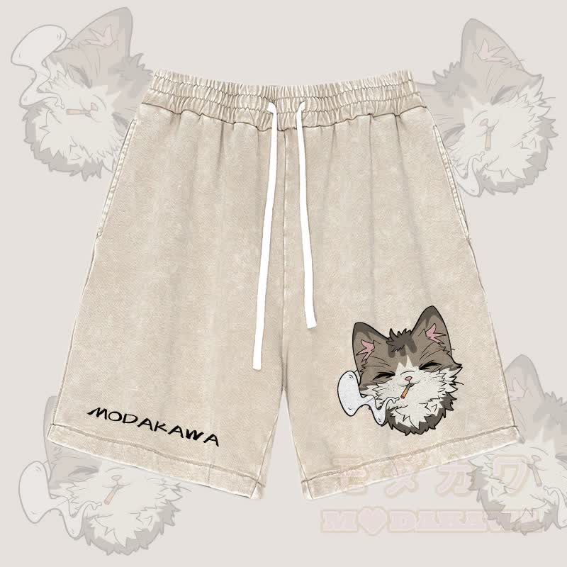MODAKAWA Smoking Cat Graphic Vintage Washed Streetwear Shorts - Aprikose - 3XL - image 2