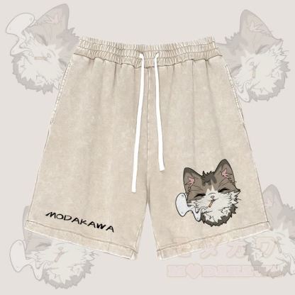 MODAKAWA Smoking Cat Graphic Vintage Washed Streetwear Shorts - Aprikose - 3XL - image 2