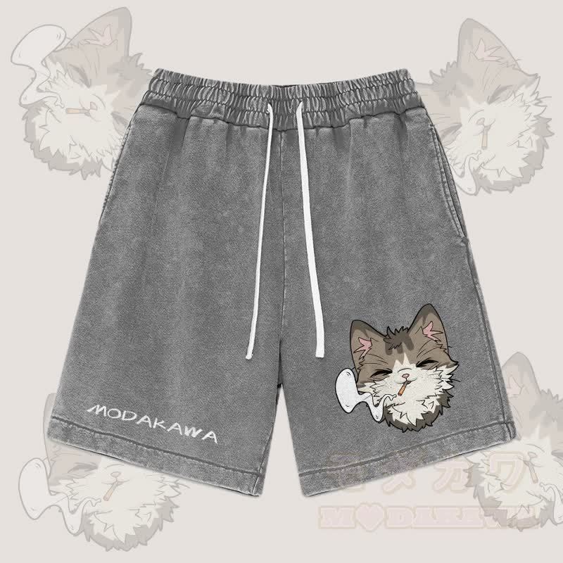 MODAKAWA Smoking Cat Graphic Vintage Washed Streetwear Shorts - Grau - 3XL - image 1