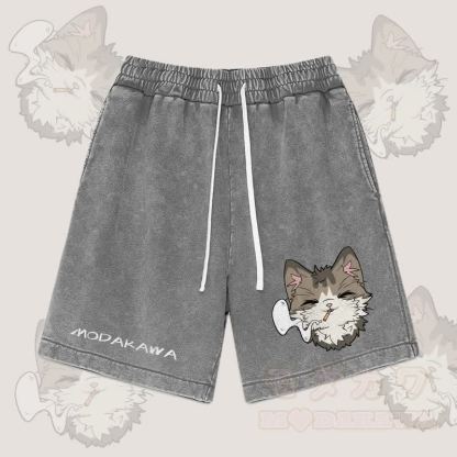 MODAKAWA Smoking Cat Graphic Vintage Washed Streetwear Shorts - Grau - 3XL - image 1