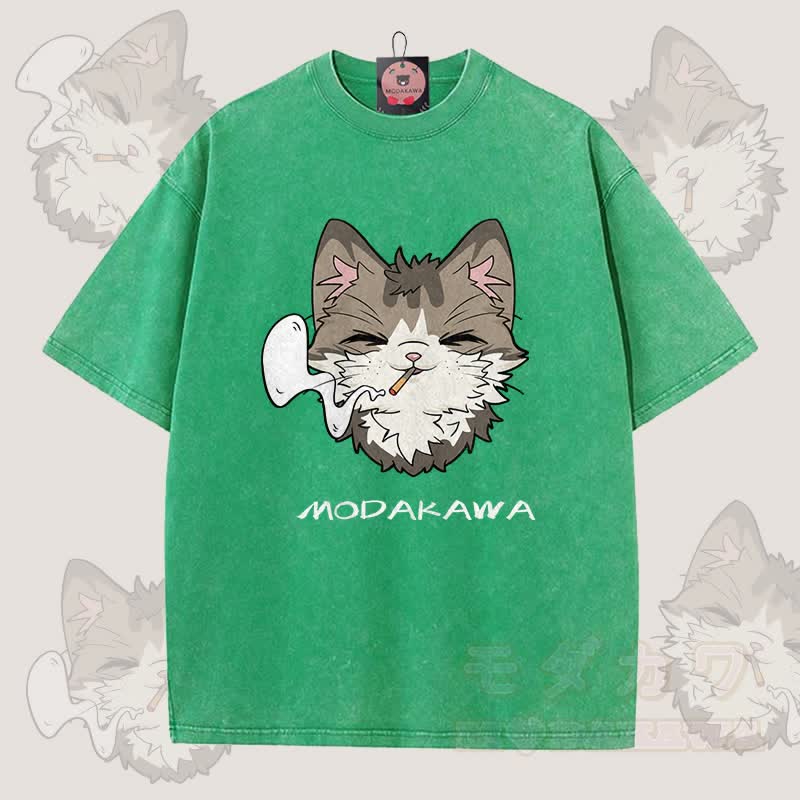 MODAKAWA Smoking Cat Grafik Unisex Vintage Washed T-Shirt - Grün - 5XL - image 2