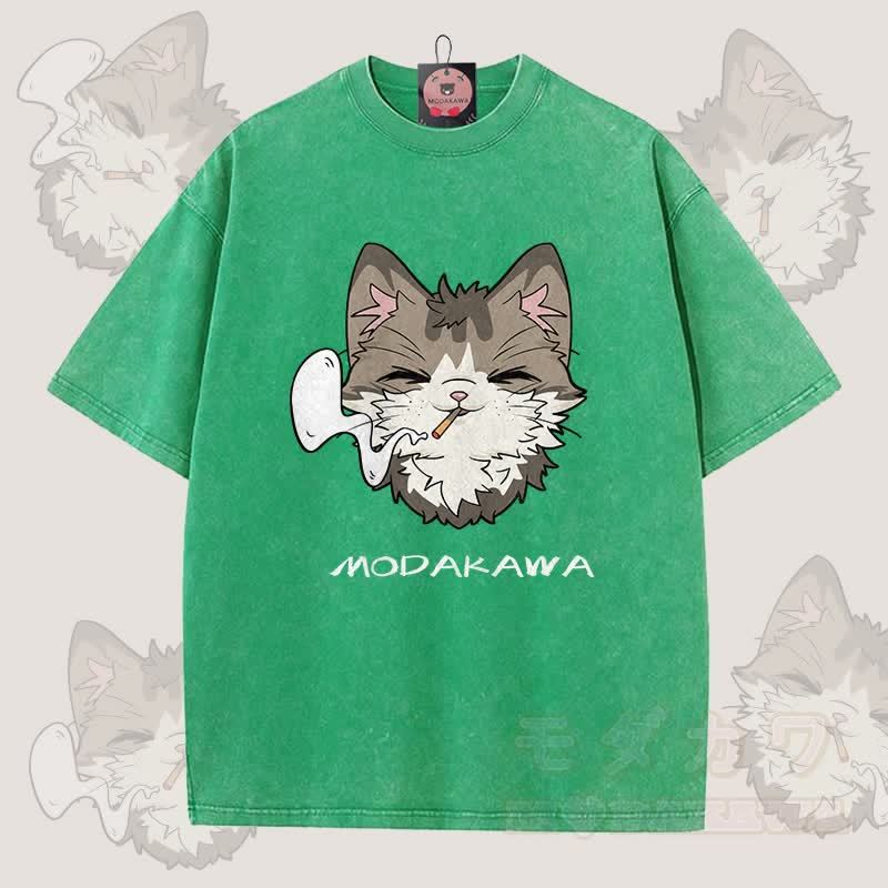 MODAKAWA Smoking Cat Grafik Unisex Vintage Washed T-Shirt - Grün - 5XL - image 2
