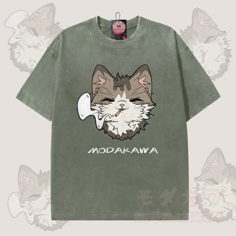 MODAKAWA Smoking Cat Grafik Unisex Vintage Washed T-Shirt - Dunkelgrün - 5XL - image 1
