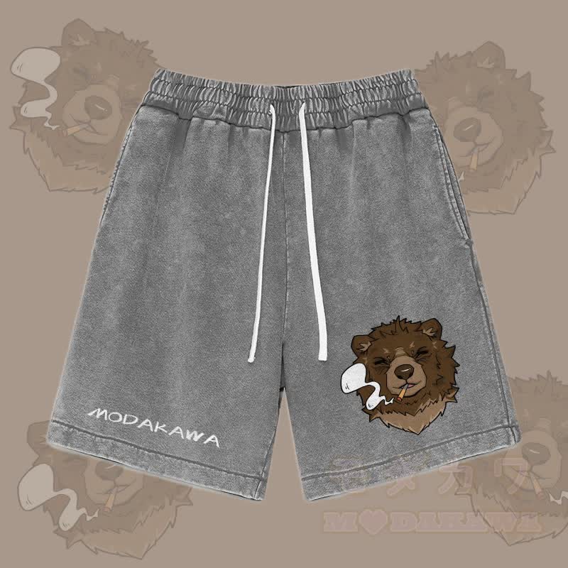 MODAKAWA Smoking Bear Graphic Vintage Washed Streetwear Shorts - Grau - 3XL - image 2