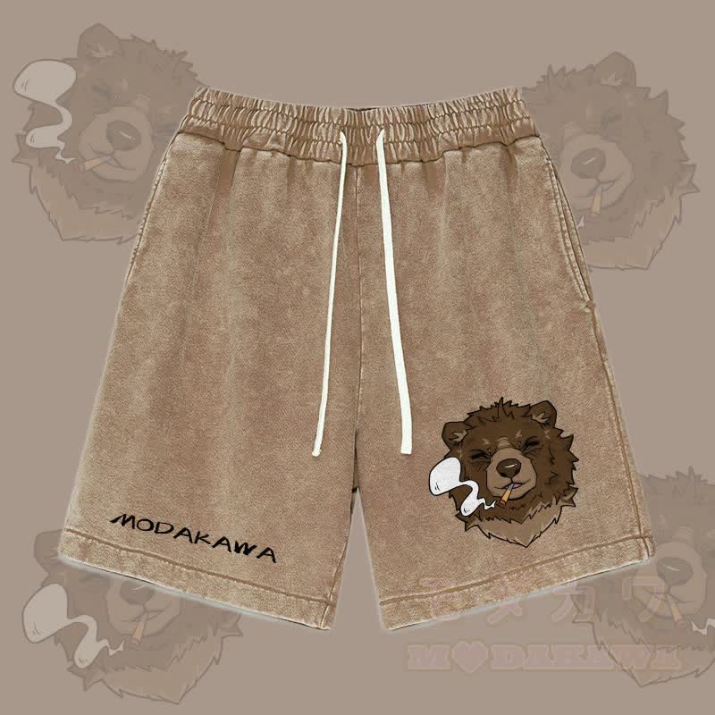 MODAKAWA Smoking Bear Graphic Vintage Washed Streetwear Shorts - Braun - 3XL - image 1