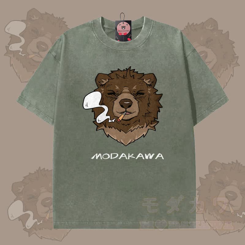 MODAKAWA Smoking Bear Grafik Unisex Vintage Washed T-Shirt - Dunkelgrün - 5XL - image 2