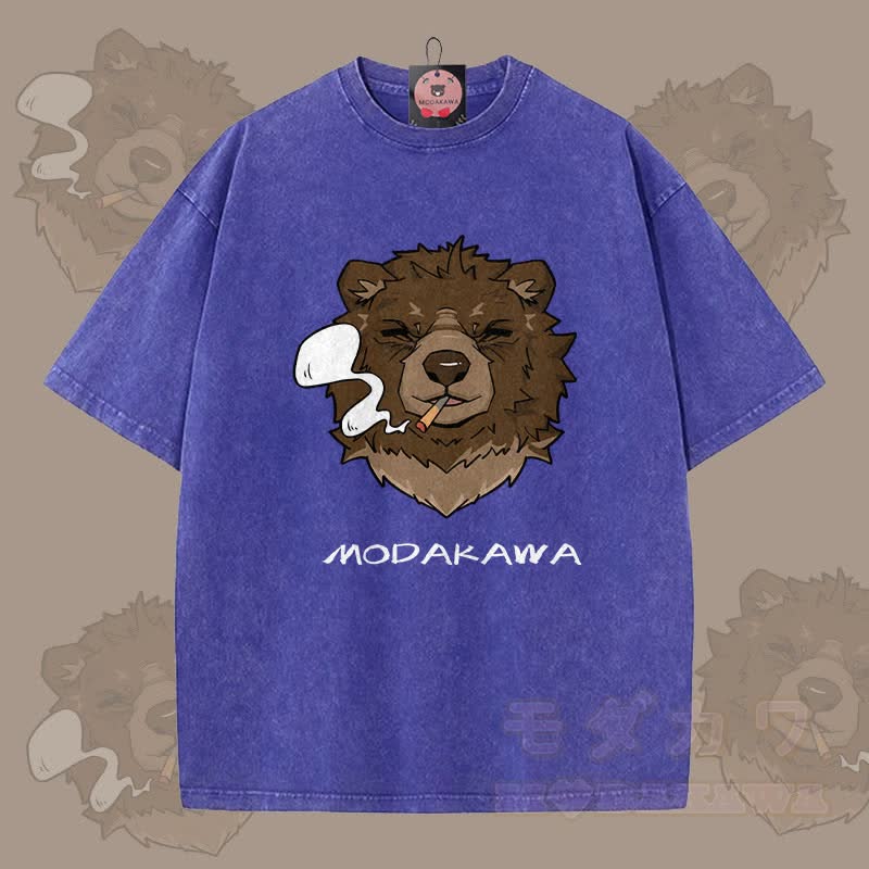 MODAKAWA Smoking Bear Grafik Unisex Vintage Washed T-Shirt - Blau - 5XL - image 3