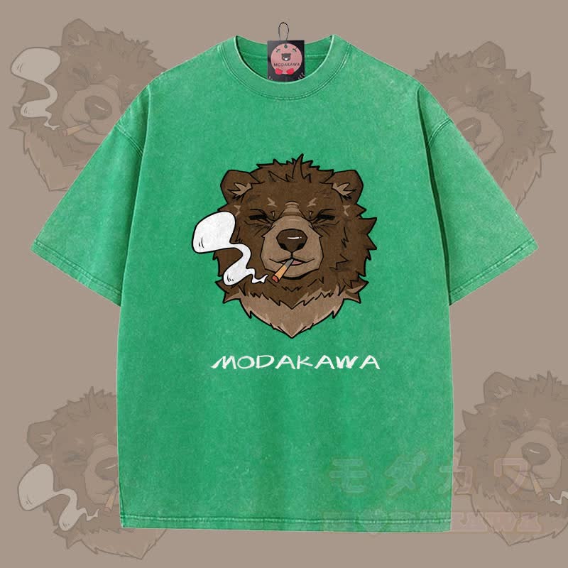MODAKAWA Smoking Bear Grafik Unisex Vintage Washed T-Shirt - Grün - 5XL - image 1