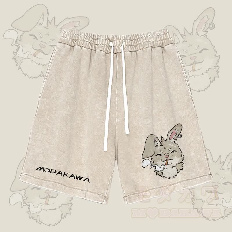 MODAKAWA Nabi Smoking Graphic Vintage Washed Streetwear Shorts - Aprikose - 3XL - image 1