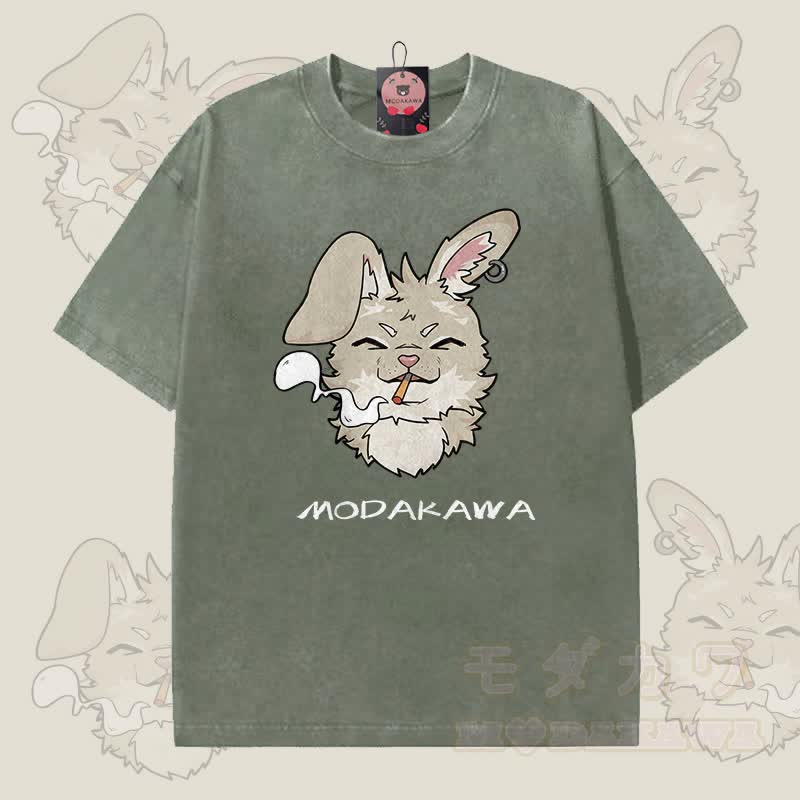 MODAKAWA Nabi Smoking Graphic Unisex Vintage Washed T-Shirt - Dunkelgrün - 5XL - image 2