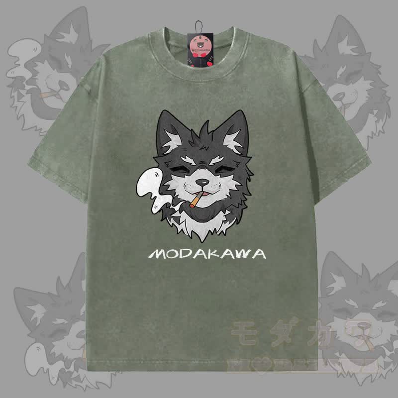 MODAKAWA Koda Smoking Graphic Unisex Vintage Washed T-Shirt - Dunkelgrün - 5XL - image 2