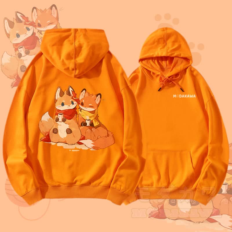 MODAKAWA Winter Fox Friends Graphic Streetwear Pullover Hoodie - Orange - 5XL - image 2