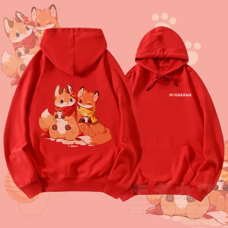 MODAKAWA Winter Fox Friends Graphic Streetwear Pullover Hoodie - Rot - 5XL - image 1