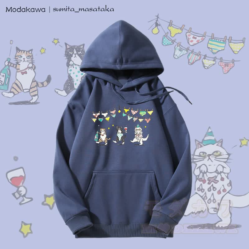 MODAKAWA X sumita_masataka Tipsy Party Cats Grafik-Hoodie mit Fleecefutter - Staubiges Blau - 5XL - image 1