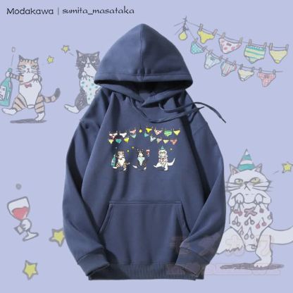 MODAKAWA X sumita_masataka Tipsy Party Cats Grafik-Hoodie mit Fleecefutter - Staubiges Blau - 5XL - image 1