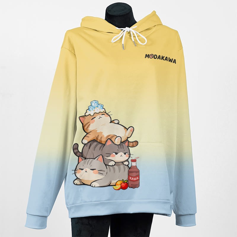 MODAKAWA Farbverlauf-Pullover-Hoodie mit schlafender Katze Grafik - Yellow A - 8XL - image 3