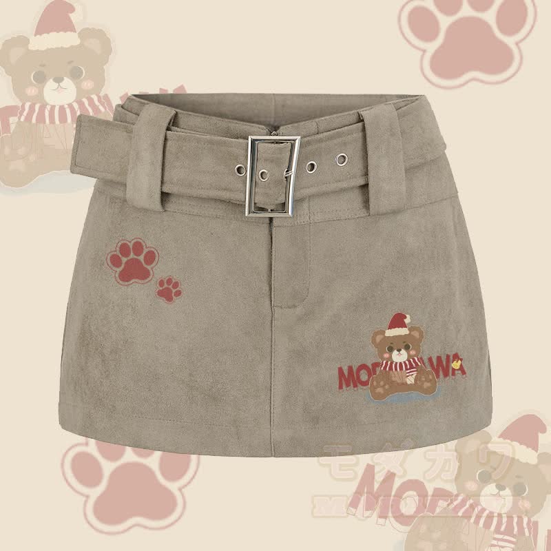 MODAKAWA Minirock mit Weihnachtsbär-Motiv und Gürtel - Khaki - L - image 1