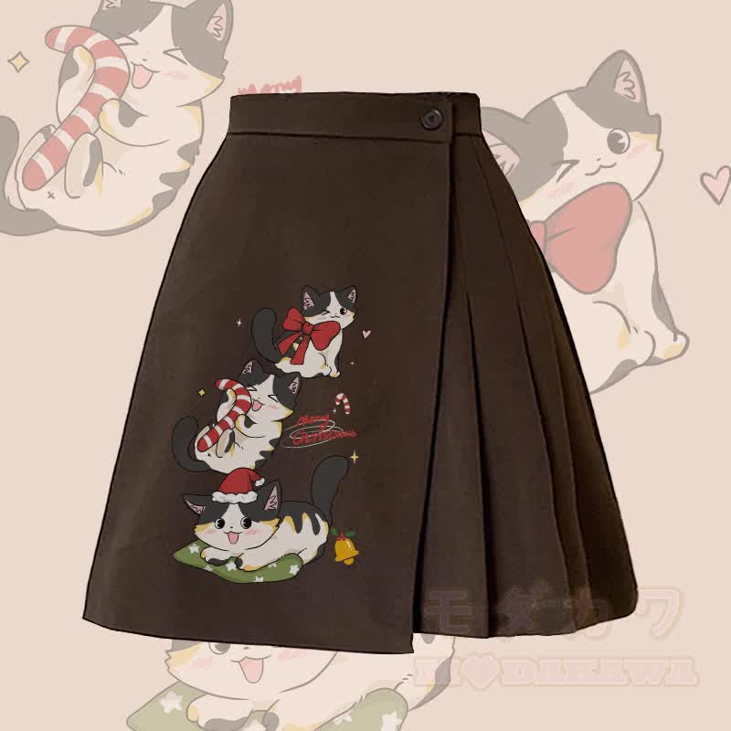 MODAKAWA Weihnachtlicher Kitty-Grafik-Faltenrock mit unregelmäßiger Falte - Braun - L - image 2