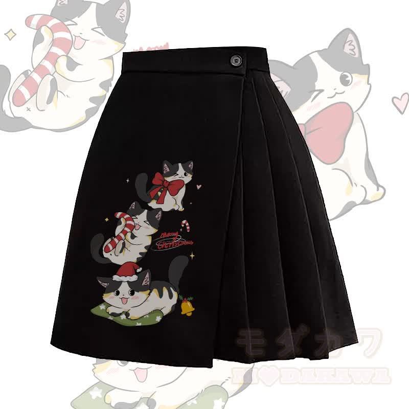 MODAKAWA Weihnachtlicher Kitty-Grafik-Faltenrock mit unregelmäßiger Falte - Schwarz - L - image 1