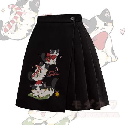 MODAKAWA Weihnachtlicher Kitty-Grafik-Faltenrock mit unregelmäßiger Falte - Schwarz - L - image 1