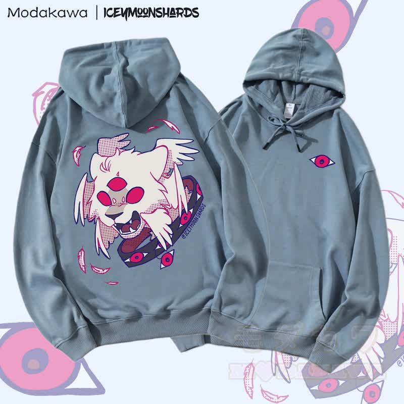 MODAKAWA X iceymoonshards Cat Hiss Graphic Streetwear Pullover Hoodie - Staubiges Blau - 5XL - image 1