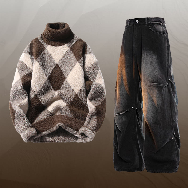 Zweiteiler aus kariertem, flauschigem Strickpullover und Jeans - Set A - 3XL - image 1