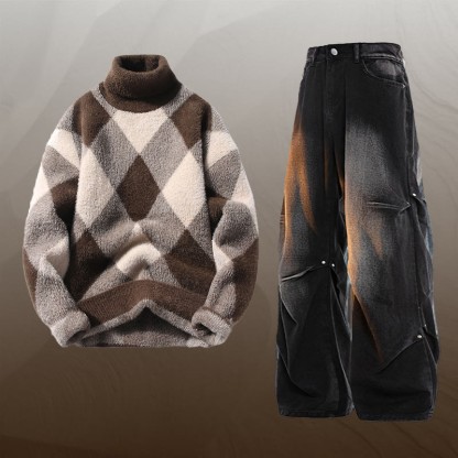 Zweiteiler aus kariertem, flauschigem Strickpullover und Jeans - Set A - 3XL - image 1