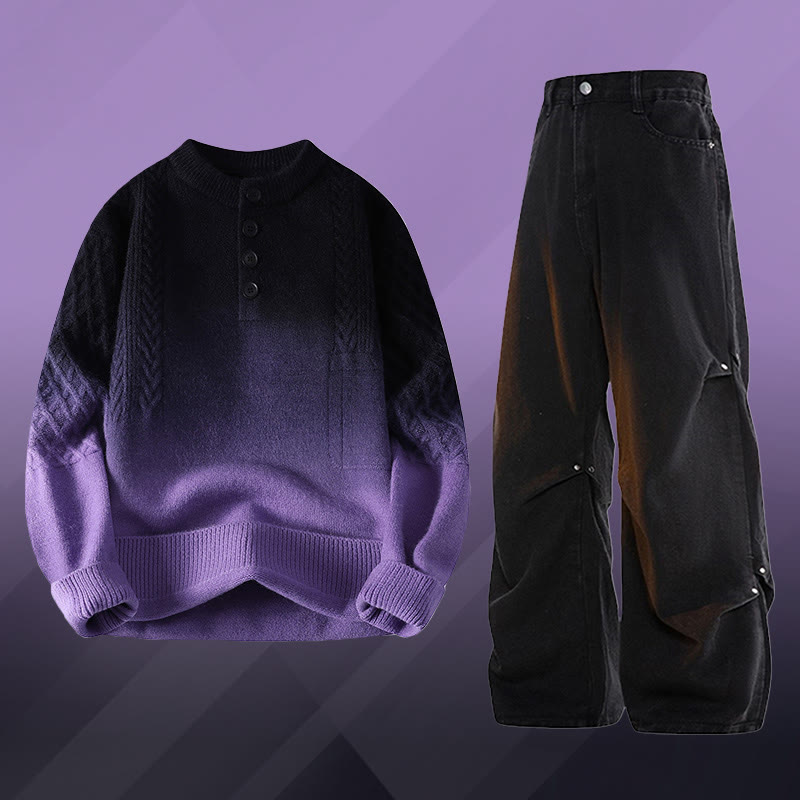 Zweiteiler: Farbverlauf-Zopfstrickpullover und Jeans - Set A - 3XL - image 1