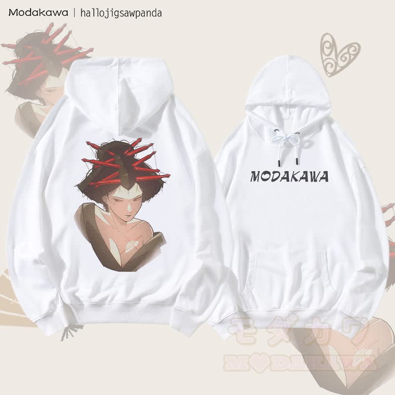 MODAKAWA X Hallo Red Hairpin Anime Girl Graphic Streetwear Pullover Hoodie - Weiß - 5XL - image 2