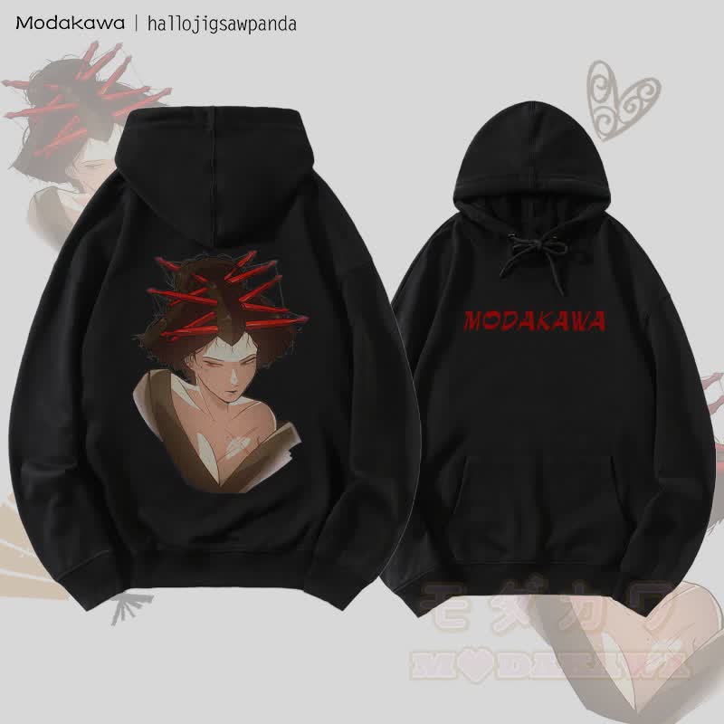 MODAKAWA X Hallo Red Hairpin Anime Girl Graphic Streetwear Pullover Hoodie - Schwarz - 5XL - image 1