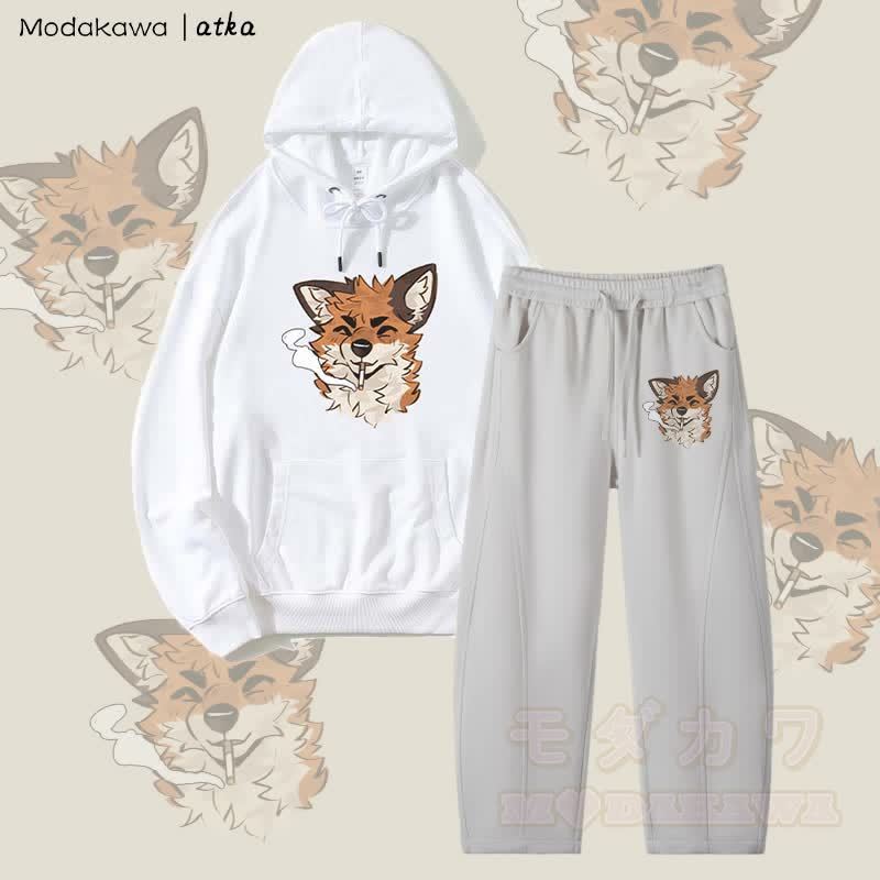 MODAKAWA X atka Fox Smoking Graphic Hoodie Herren Kordelzughose Zweiteiliges Set - Weiß & Grau - 4XL - image 4