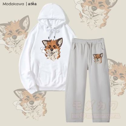 MODAKAWA X atka Fox Smoking Graphic Hoodie Herren Kordelzughose Zweiteiliges Set - Weiß & Grau - 4XL - image 4