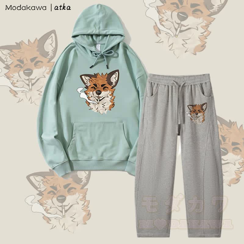 MODAKAWA X atka Fox Smoking Graphic Hoodie Herren Kordelzughose Zweiteiliges Set - Grün & Heidegrau - 4XL - image 2
