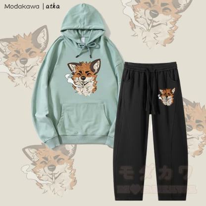MODAKAWA X atka Fox Smoking Graphic Hoodie Herren Kordelzughose Zweiteiliges Set - Grün & Schwarz - 4XL - image 3