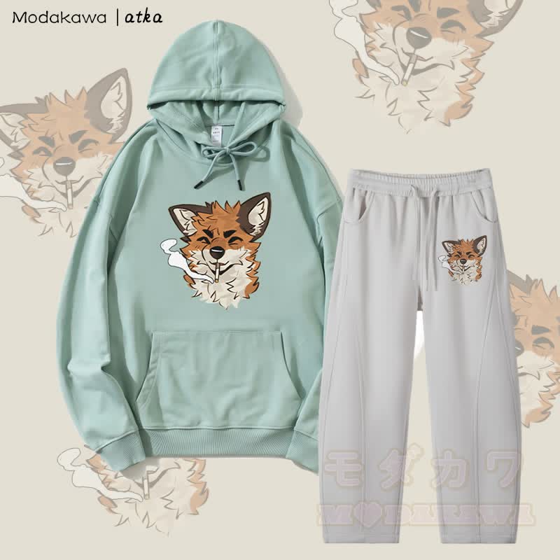 MODAKAWA X atka Fox Smoking Graphic Hoodie Herren Kordelzughose Zweiteiliges Set - Grün & Grau - 4XL - image 1