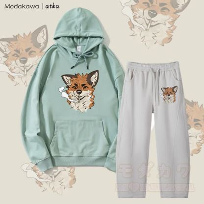 MODAKAWA X atka Fox Smoking Graphic Hoodie Herren Kordelzughose Zweiteiliges Set - Grün & Grau - 4XL - image 1