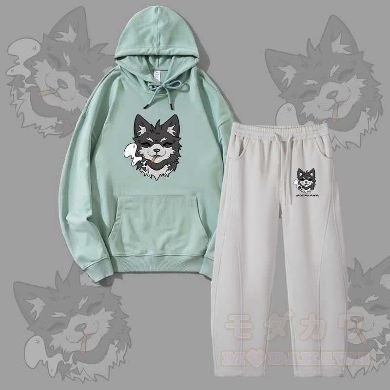 MODAKAWA Koda Smoking Puppy Grafik-Hoodie für Herren, Kordelzughose, zweiteiliges Set - Grün & Grau - 4XL - image 2