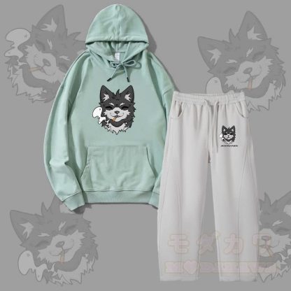 MODAKAWA Koda Smoking Puppy Grafik-Hoodie für Herren, Kordelzughose, zweiteiliges Set - Grün & Grau - 4XL - image 2