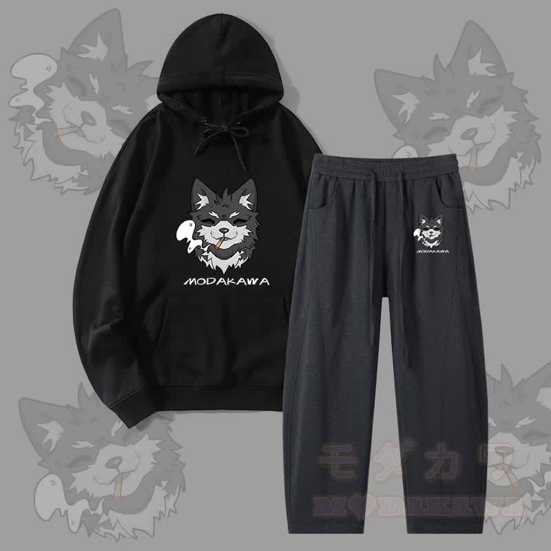MODAKAWA Koda Smoking Puppy Grafik-Hoodie für Herren, Kordelzughose, zweiteiliges Set - Schwarz - 4XL - image 1