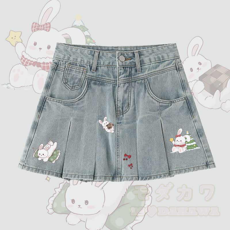 MODAKAWA Jeansrock mit verspieltem Hasenmotiv und Falten - Blau - 5XL - image 1