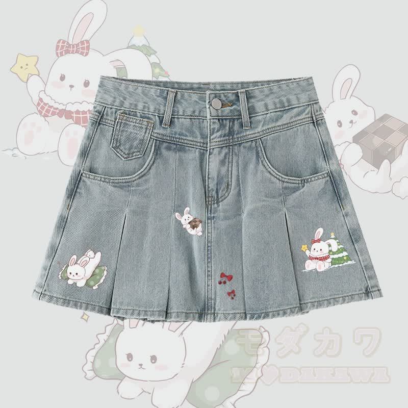 MODAKAWA Jeansrock mit verspieltem Hasenmotiv und Falten - Blau - 5XL - image 1