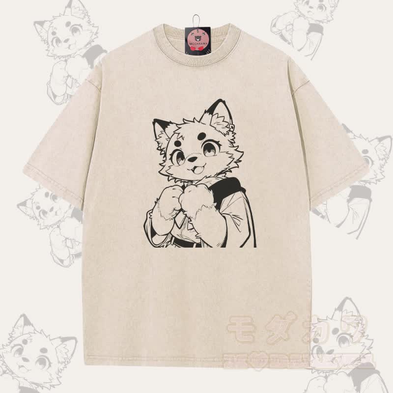 MODAKAWA Unisex-T-Shirt mit niedlichem Katzenmotiv (Pfote haltend) im Vintage-Stil - Aprikose - 5XL - image 2
