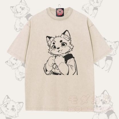 MODAKAWA Unisex-T-Shirt mit niedlichem Katzenmotiv (Pfote haltend) im Vintage-Stil - Aprikose - 5XL - image 2