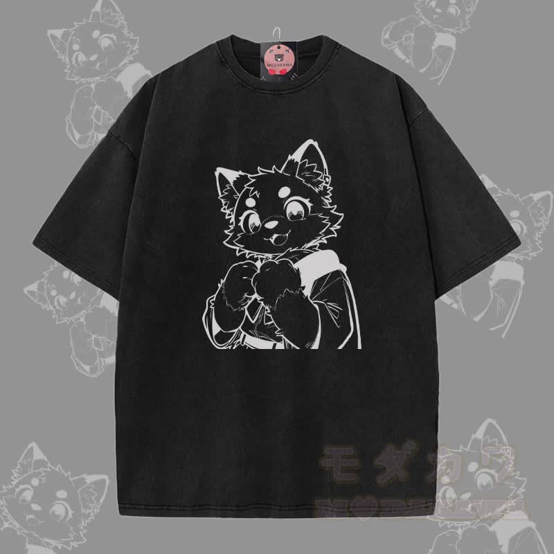 MODAKAWA Unisex-T-Shirt mit niedlichem Katzenmotiv (Pfote haltend) im Vintage-Stil - Schwarz - 5XL - image 1