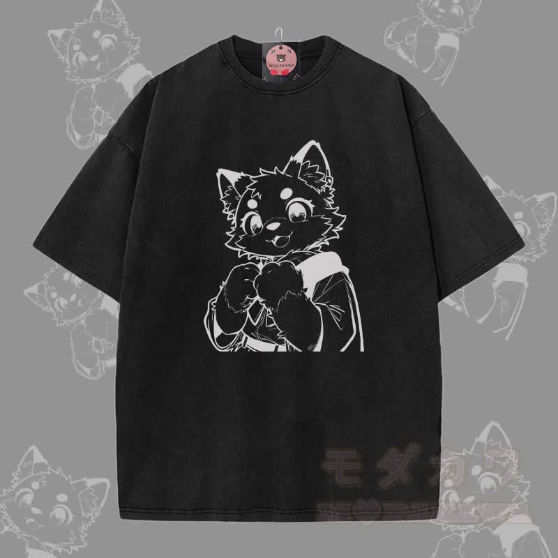 MODAKAWA Unisex-T-Shirt mit niedlichem Katzenmotiv (Pfote haltend) im Vintage-Stil - Schwarz - 5XL - image 1