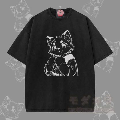 MODAKAWA Unisex-T-Shirt mit niedlichem Katzenmotiv (Pfote haltend) im Vintage-Stil - Schwarz - 5XL - image 1