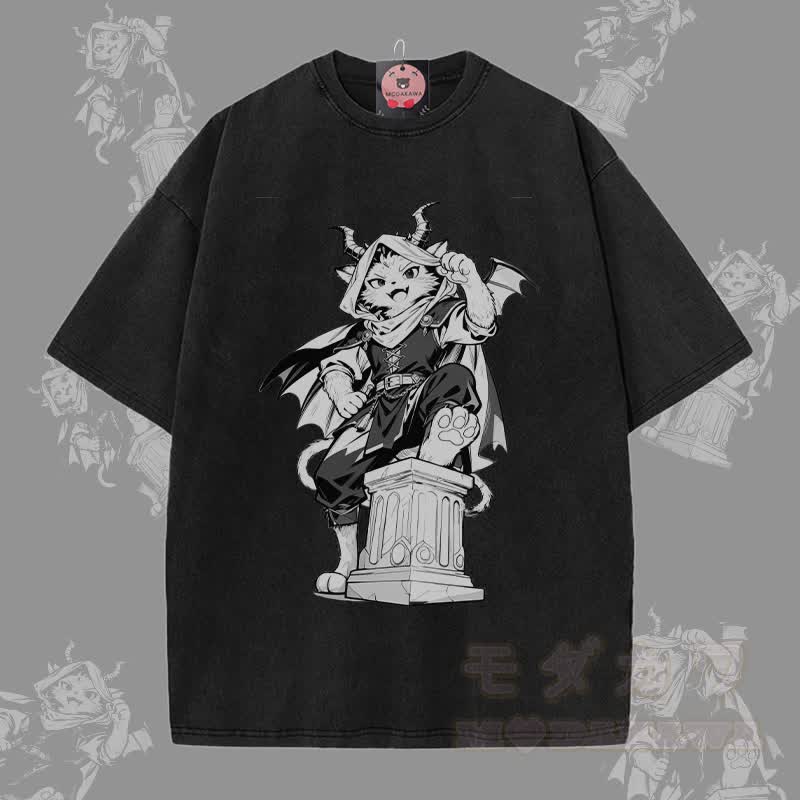 MODAKAWA Dark Knight Katzen-Grafik Unisex Vintage Washed T-Shirt - Schwarz - 5XL - image 2