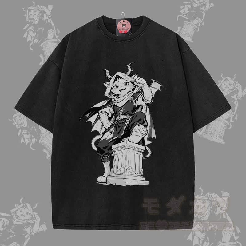 MODAKAWA Dark Knight Katzen-Grafik Unisex Vintage Washed T-Shirt - Schwarz - 5XL - image 2